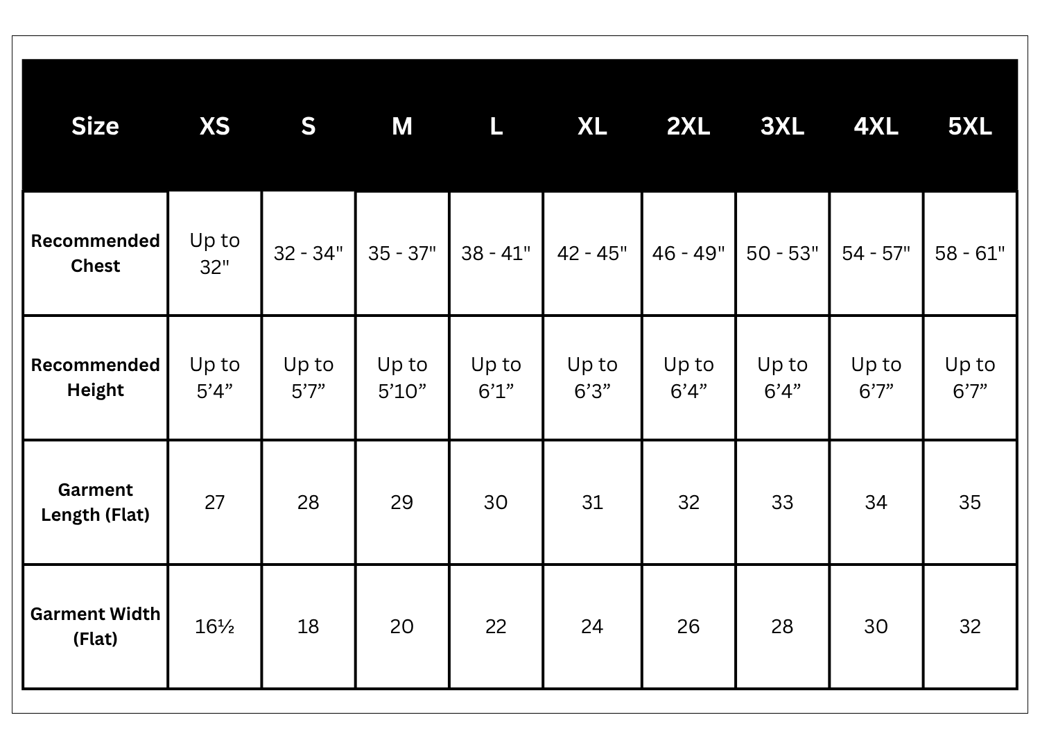 Size chart for clothing with measurements in chest, height, length, and width.